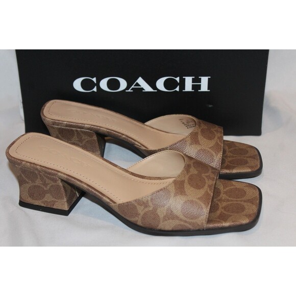 Coach Sculpted C Block Heel In Signature Canvas TAN NIB - Picture 1 of 8